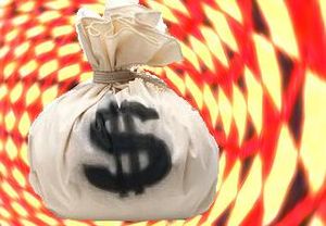 English: A bag of money, US dollars, spinning ...